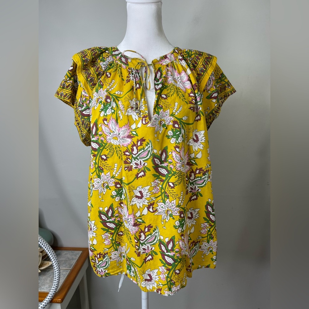 Jennifer Grace Yellow Floral Flutter Short sleeved Blouse Sz XL Cotton Poplin
